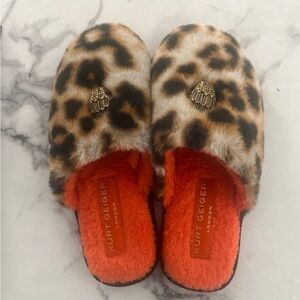 Kurt Geiger Leopard Faux Fur Slippers with Orange Interior